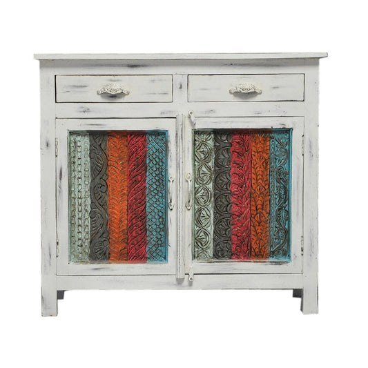 RAINBOW CARVED 2 DOOR WOODEN SIDEBOARD - White wash - 100 - 40 - 90 – handcrafted solid wood furniture