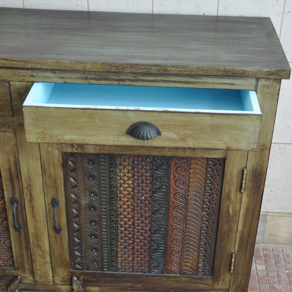 RAINBOW CARVED 3 DOOR WOODEN SIDEBOARD – handcrafted solid wood furniture