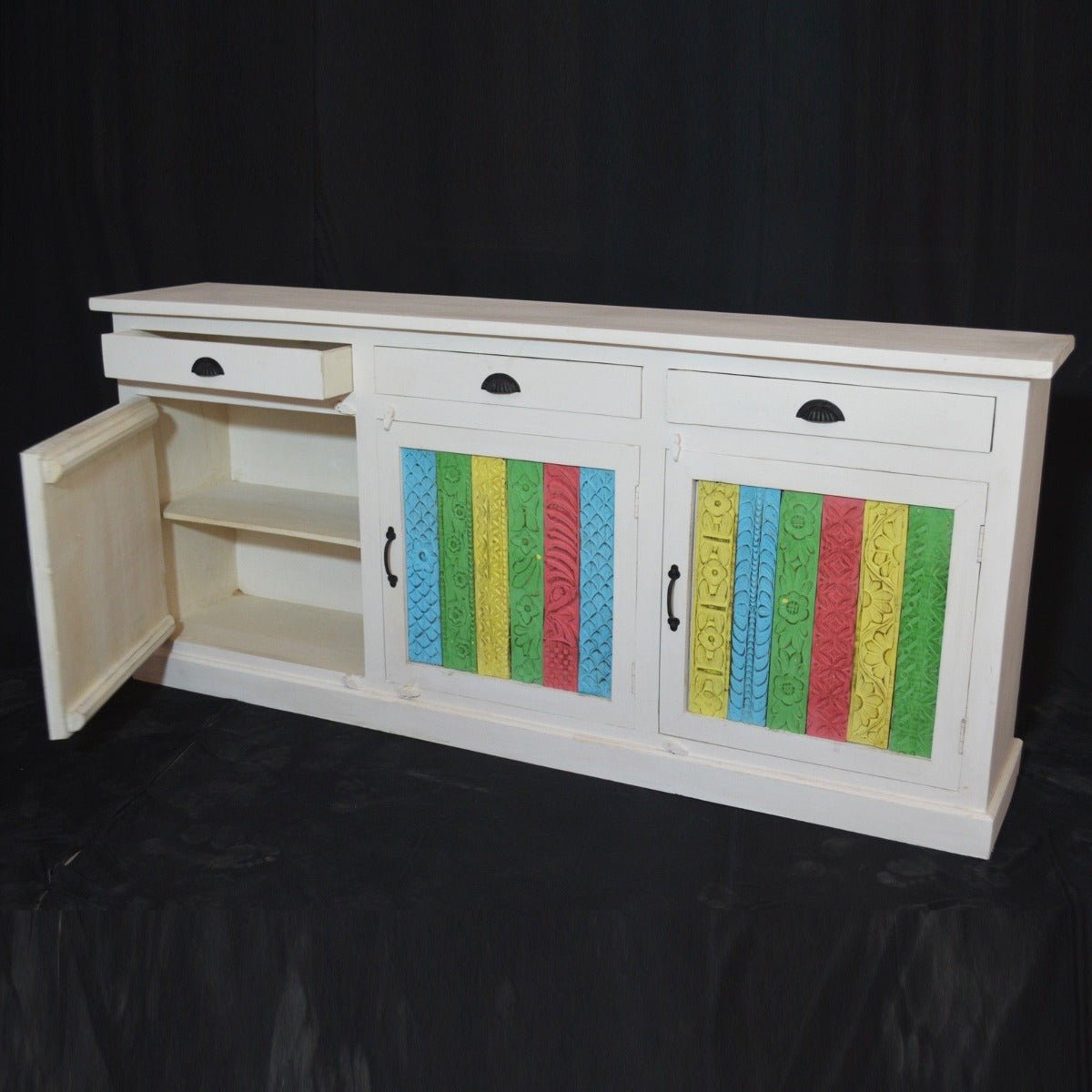 RAINBOW CARVED 3 DOOR WOODEN SIDEBOARD – handcrafted solid wood furniture