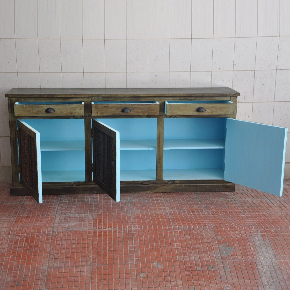 RAINBOW CARVED 3 DOOR WOODEN SIDEBOARD - Green - 180 - 40 - 90 – handcrafted solid wood furniture