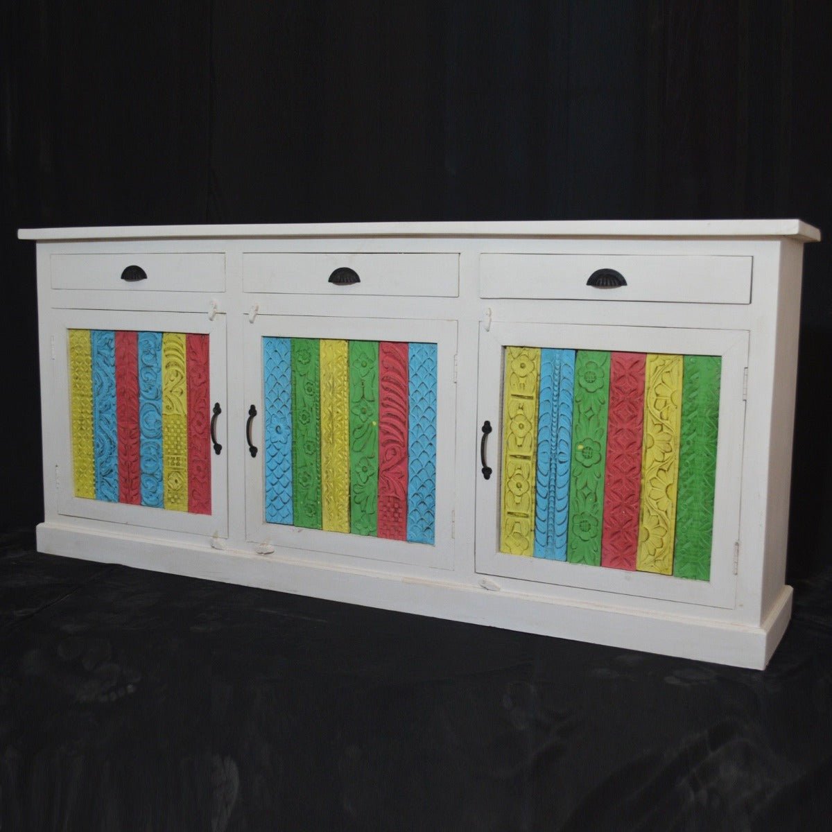 RAINBOW CARVED 3 DOOR WOODEN SIDEBOARD - White - 180 - 40 - 90 – handcrafted solid wood furniture