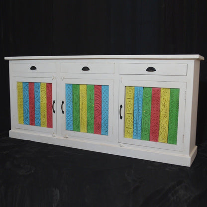 RAINBOW CARVED 3 DOOR WOODEN SIDEBOARD - White - 180 - 40 - 90 – handcrafted solid wood furniture