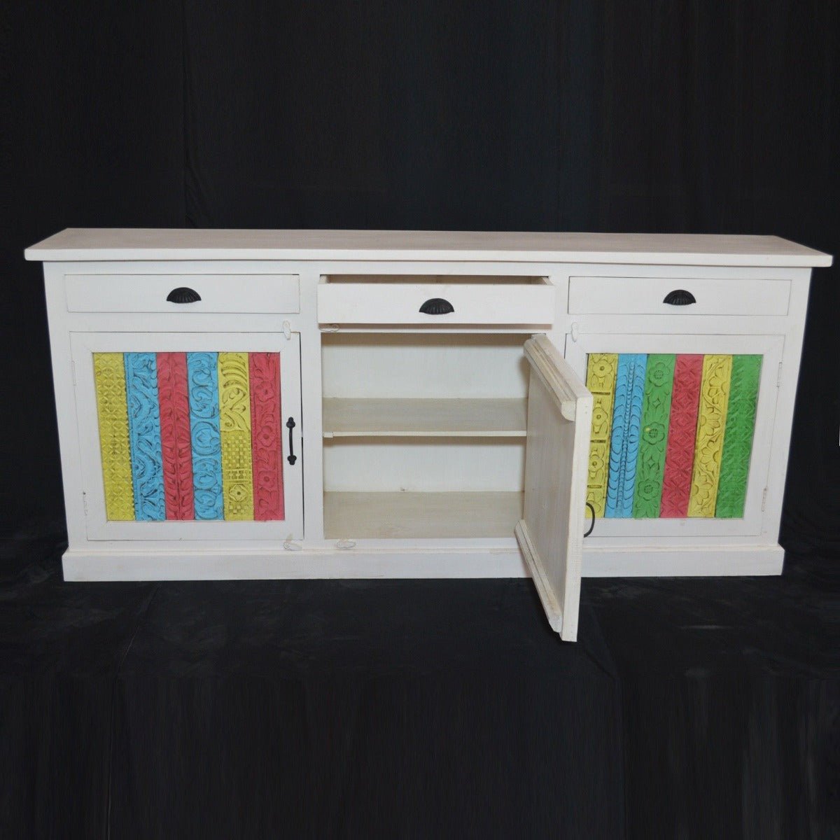 RAINBOW CARVED 3 DOOR WOODEN SIDEBOARD - White - 180 - 40 - 90 – handcrafted solid wood furniture
