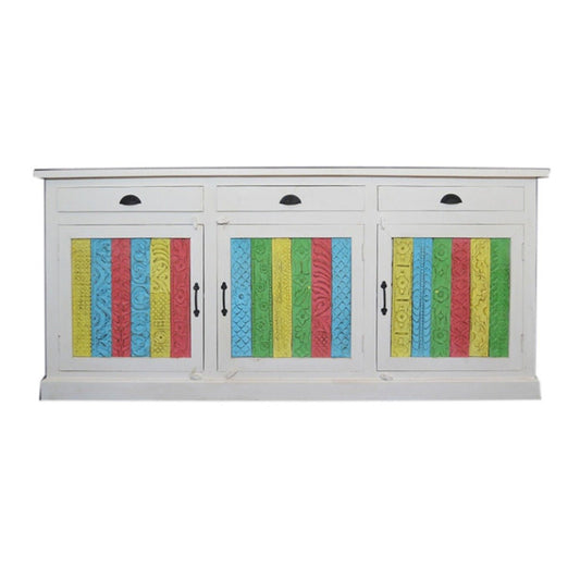 RAINBOW CARVED 3 DOOR WOODEN SIDEBOARD - White - 180 - 40 - 90 – handcrafted solid wood furniture