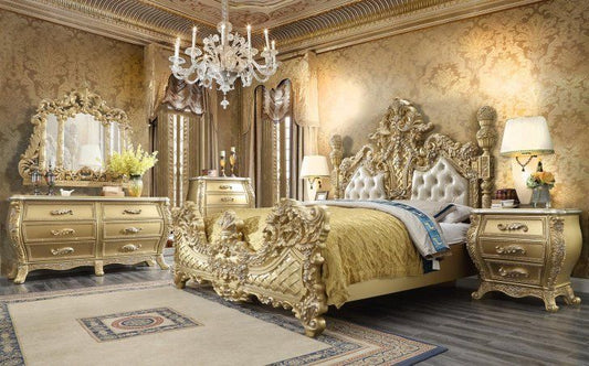 Reyna Metallic Antique Gold & Faux Leather King/Queen Traditional Bed – handcrafted solid wood furniture