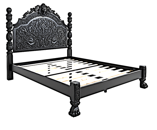 Roar Lion Head Carved Solid Wooden Hand Carved Gothic Platform Bed – handcrafted solid wood furniture