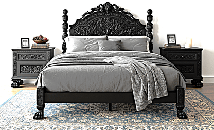 Roar Lion Head Carved Solid Wooden Hand Carved Gothic Platform Bed – handcrafted solid wood furniture