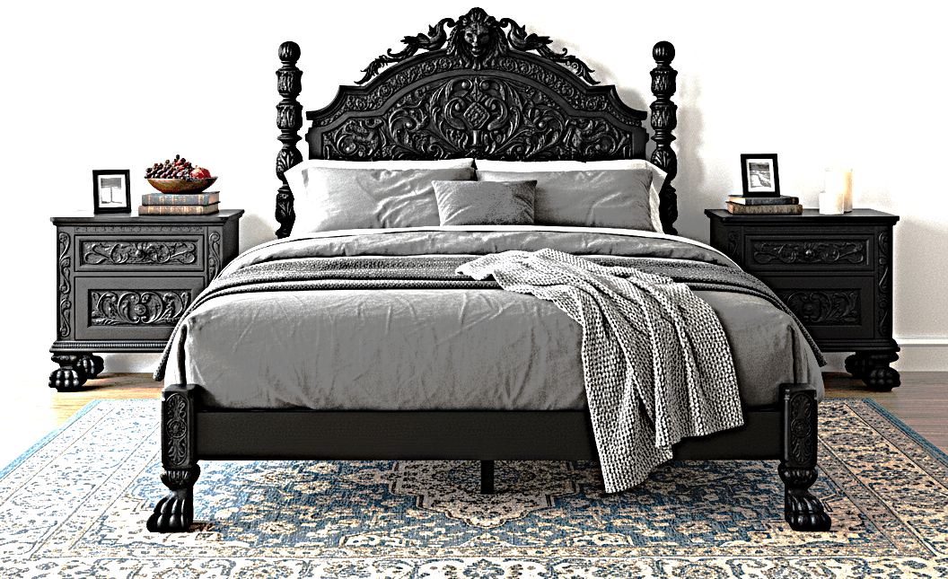 Roar Lion Head Carved Solid Wooden Hand Carved Gothic Platform Bed – handcrafted solid wood furniture