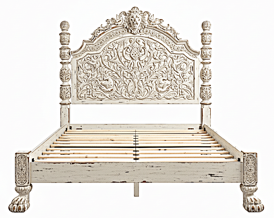 Roar Lion Head Carved Solid Wooden Hand Carved Gothic Platform Bed – handcrafted solid wood furniture