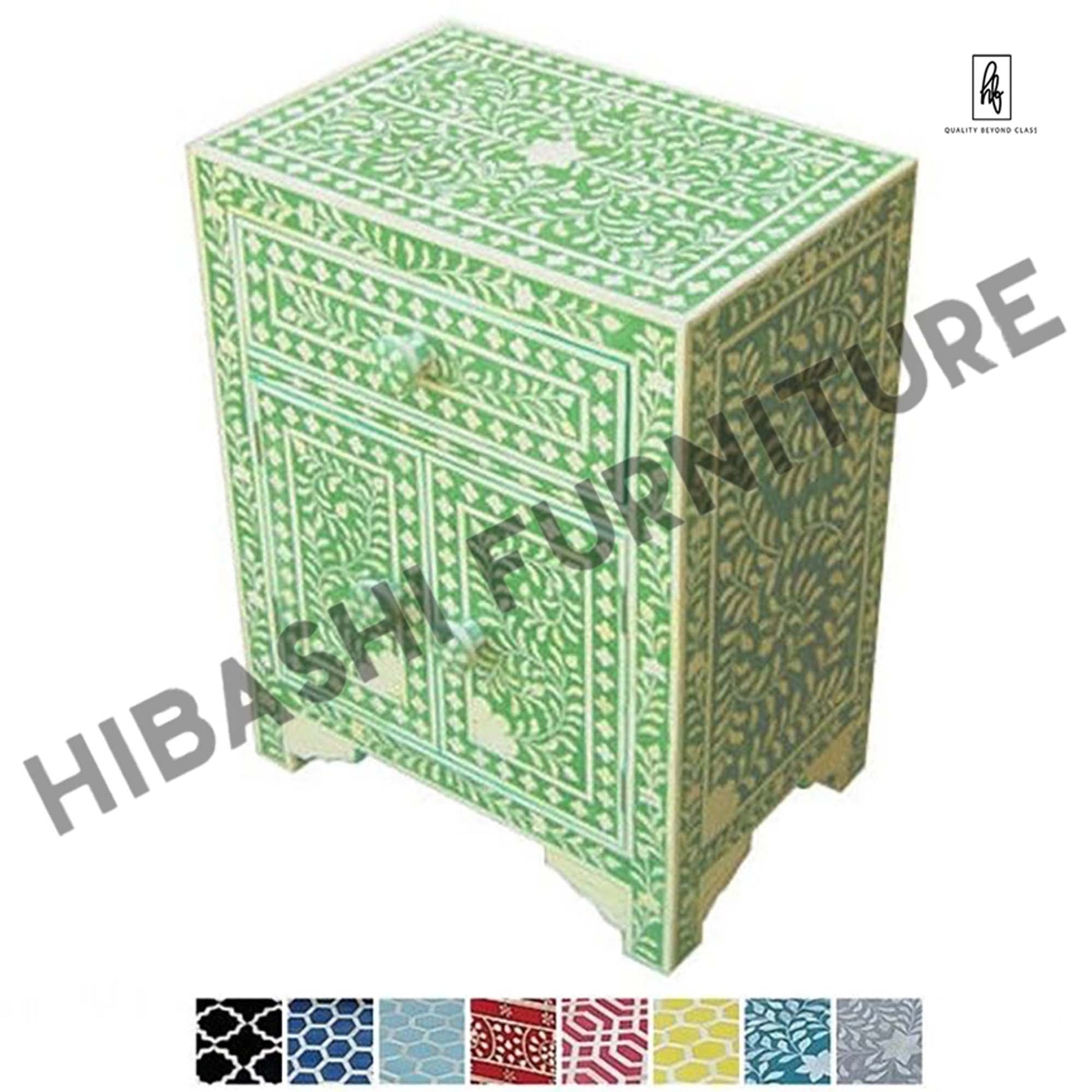 Rustic Floral Bone Inlay Handmade Bedside Table – handcrafted solid wood furniture