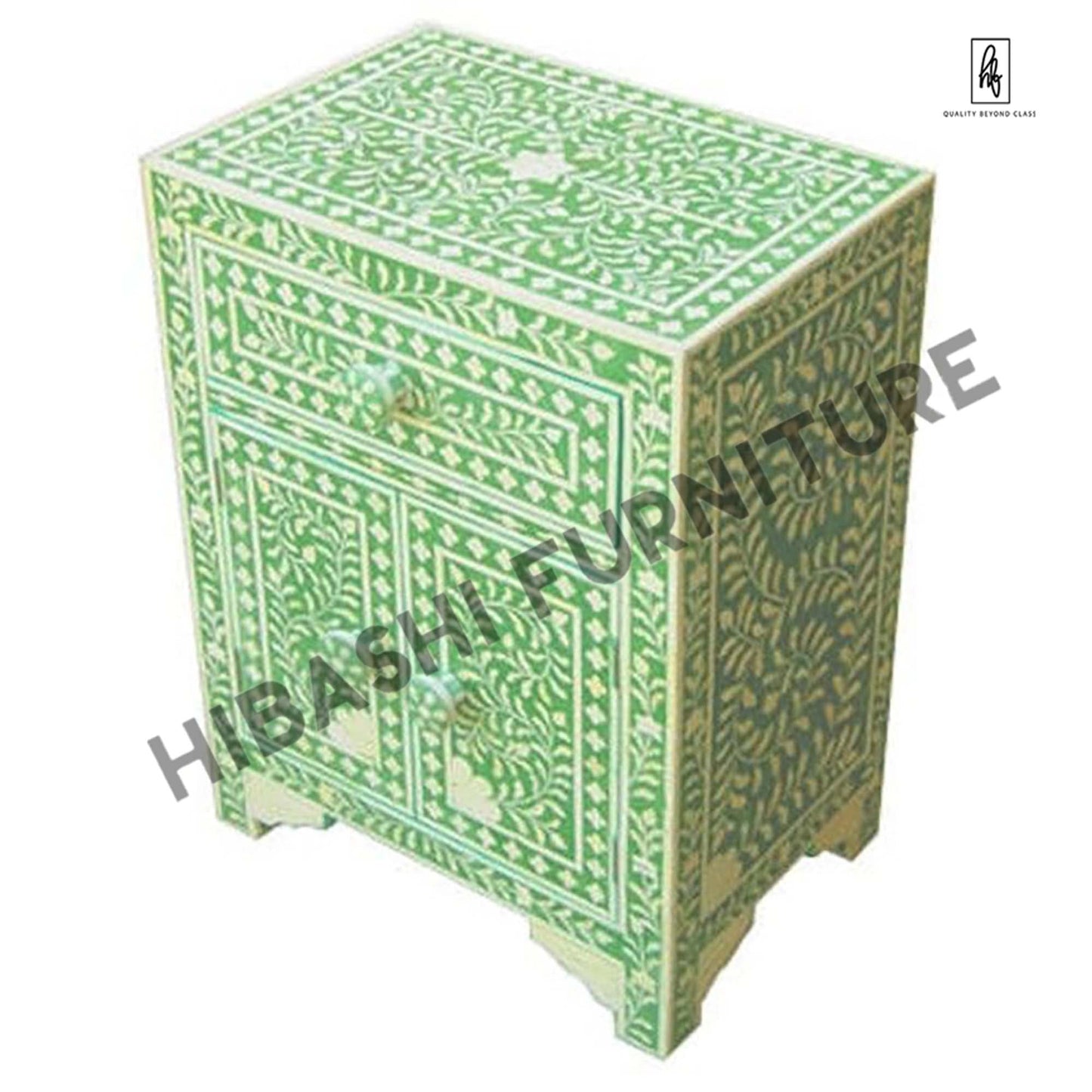 Rustic Floral Bone Inlay Handmade Bedside Table – handcrafted solid wood furniture