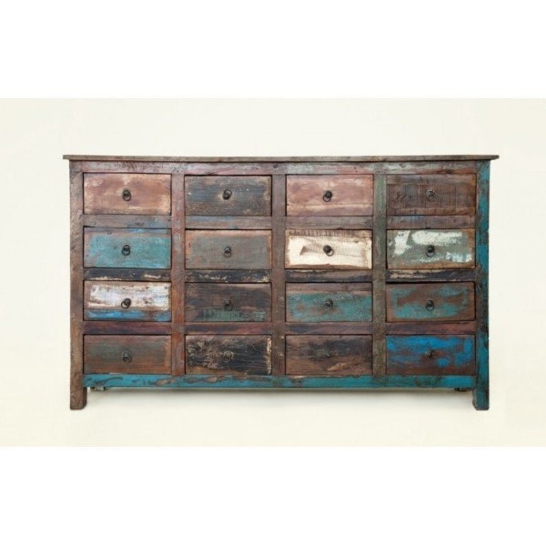 Rustica Reclaimed Timber Sideboard Buffet Table with Chest of 16 Drawers – handcrafted solid wood furniture