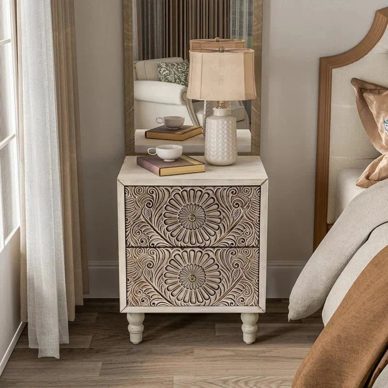 Sakyar Hand - Carved Mango Wood Nightstand – handcrafted solid wood furniture