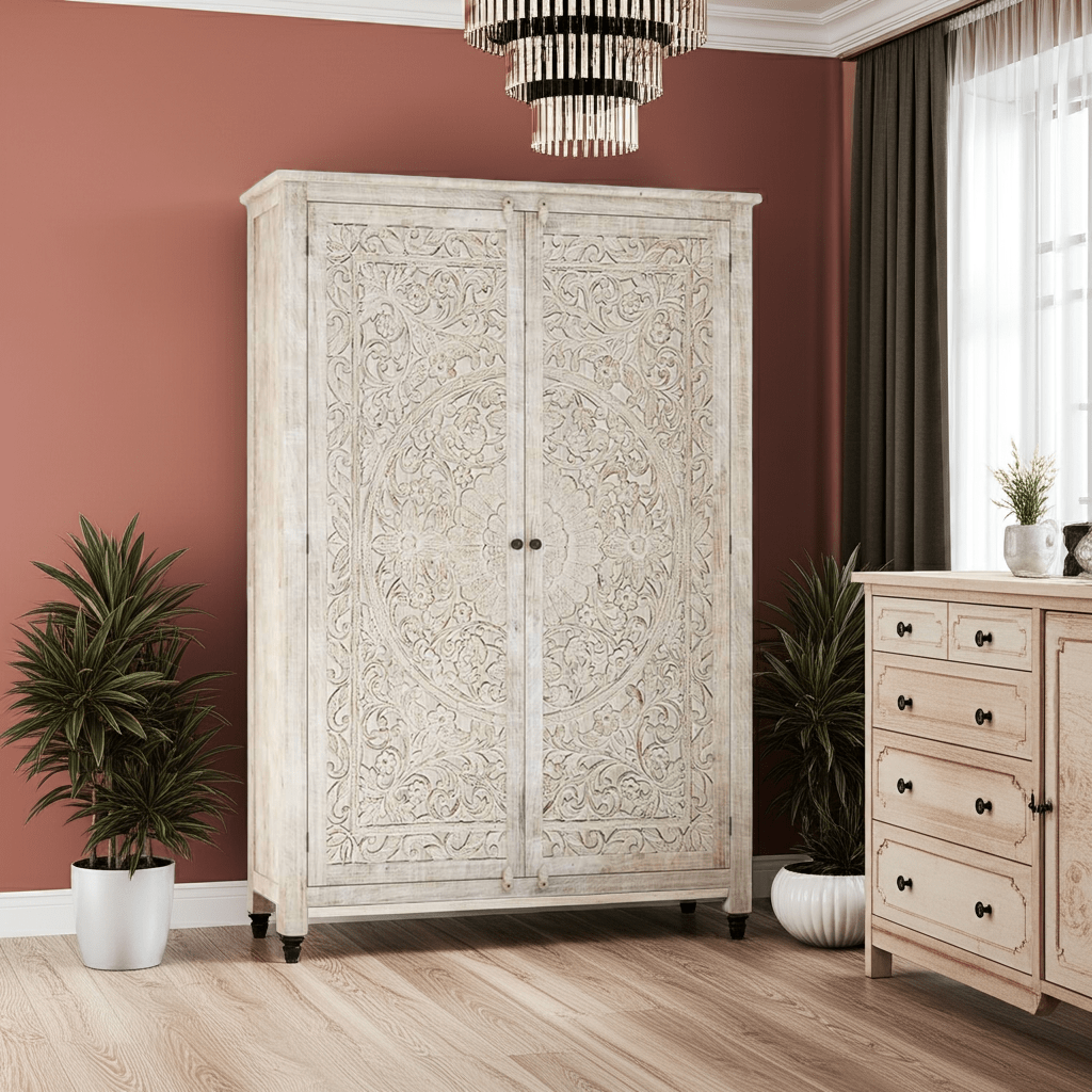Salman Hand carved Solid Wood Large White Wardrobe Armoire – handcrafted solid wood furniture