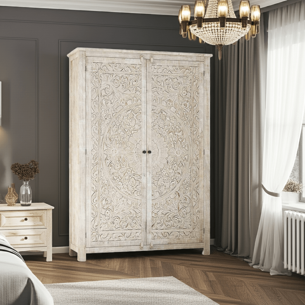 Salman Hand carved Solid Wood Large White Wardrobe Armoire – handcrafted solid wood furniture