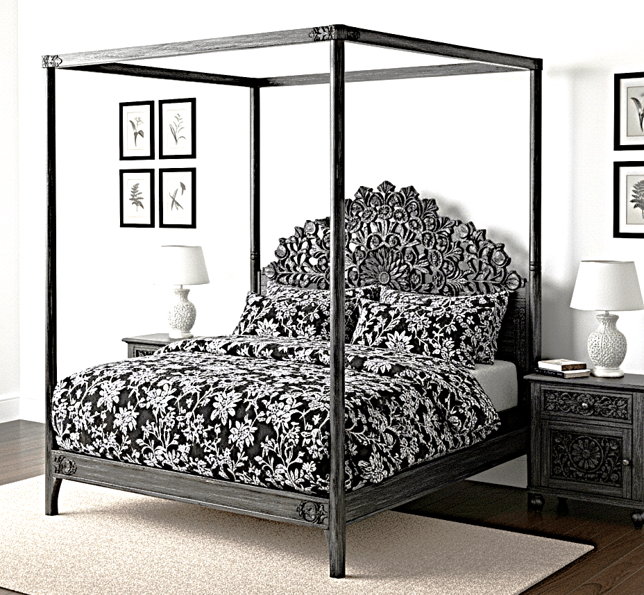 Shahi Mughal Hand Carved Indian Wooden Canopy Platform Bed – handcrafted solid wood furniture