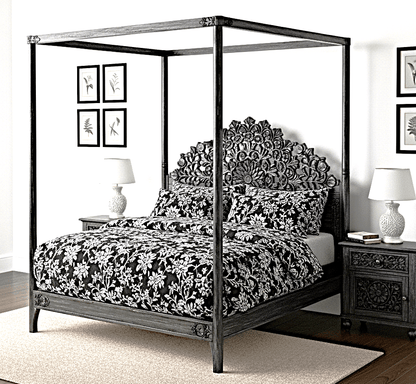 Shahi Mughal Hand Carved Indian Wooden Canopy Platform Bed – handcrafted solid wood furniture