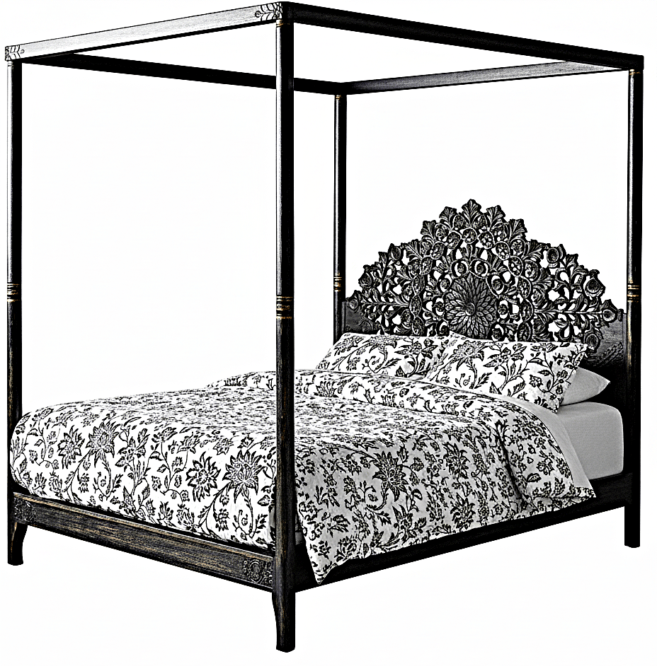 Shahi Mughal Hand Carved Indian Wooden Canopy Platform Bed – handcrafted solid wood furniture