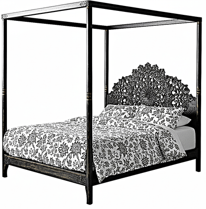 Shahi Mughal Hand Carved Indian Wooden Canopy Platform Bed – handcrafted solid wood furniture