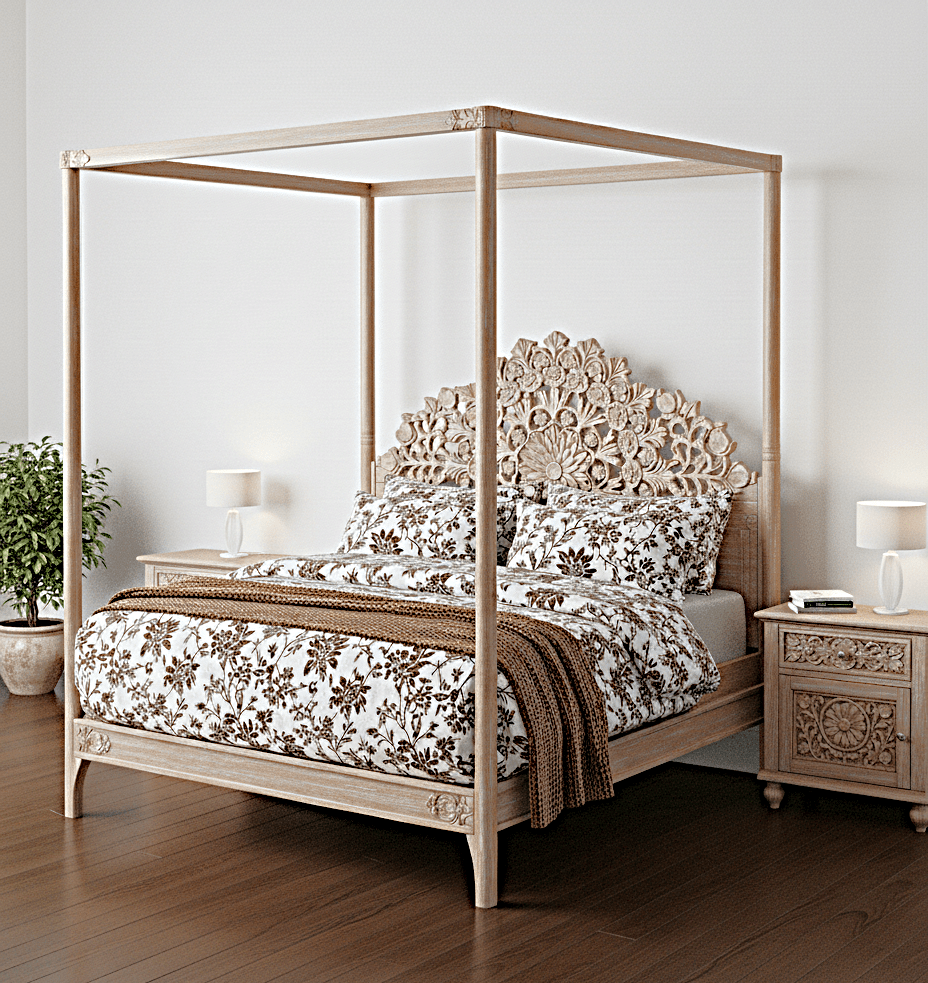 Shahi Mughal Hand Carved Indian Wooden Canopy Platform Bed – handcrafted solid wood furniture