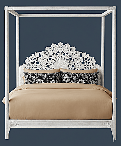 Shahi Mughal Hand Carved Indian Wooden Canopy Platform Bed – handcrafted solid wood furniture