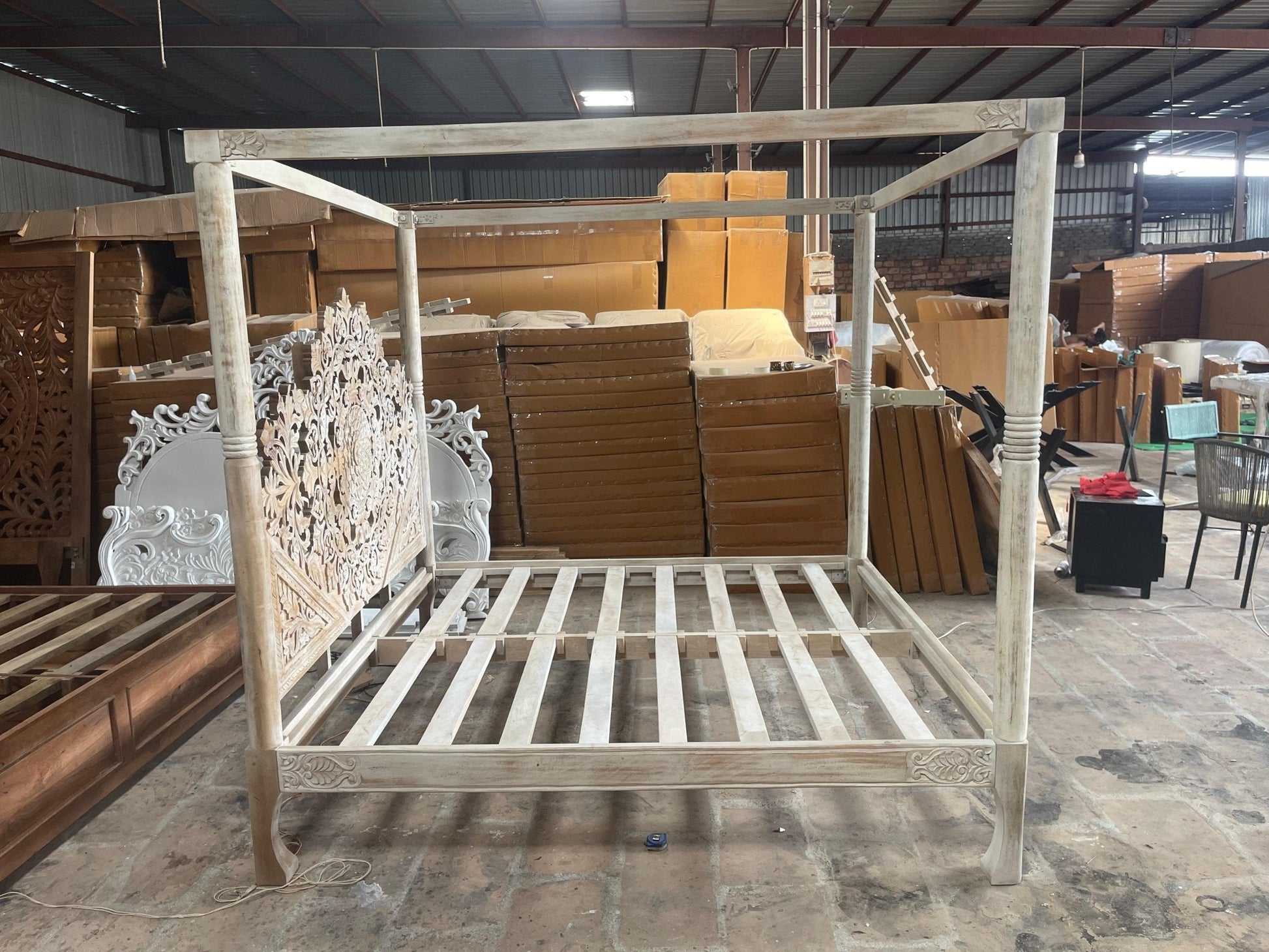 Shahi Mughal Hand Carved Indian Wooden Canopy Platform Bed – handcrafted solid wood furniture