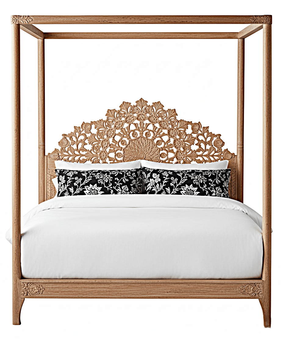 Shahi Mughal Hand Carved Indian Wooden Canopy Platform Bed – handcrafted solid wood furniture