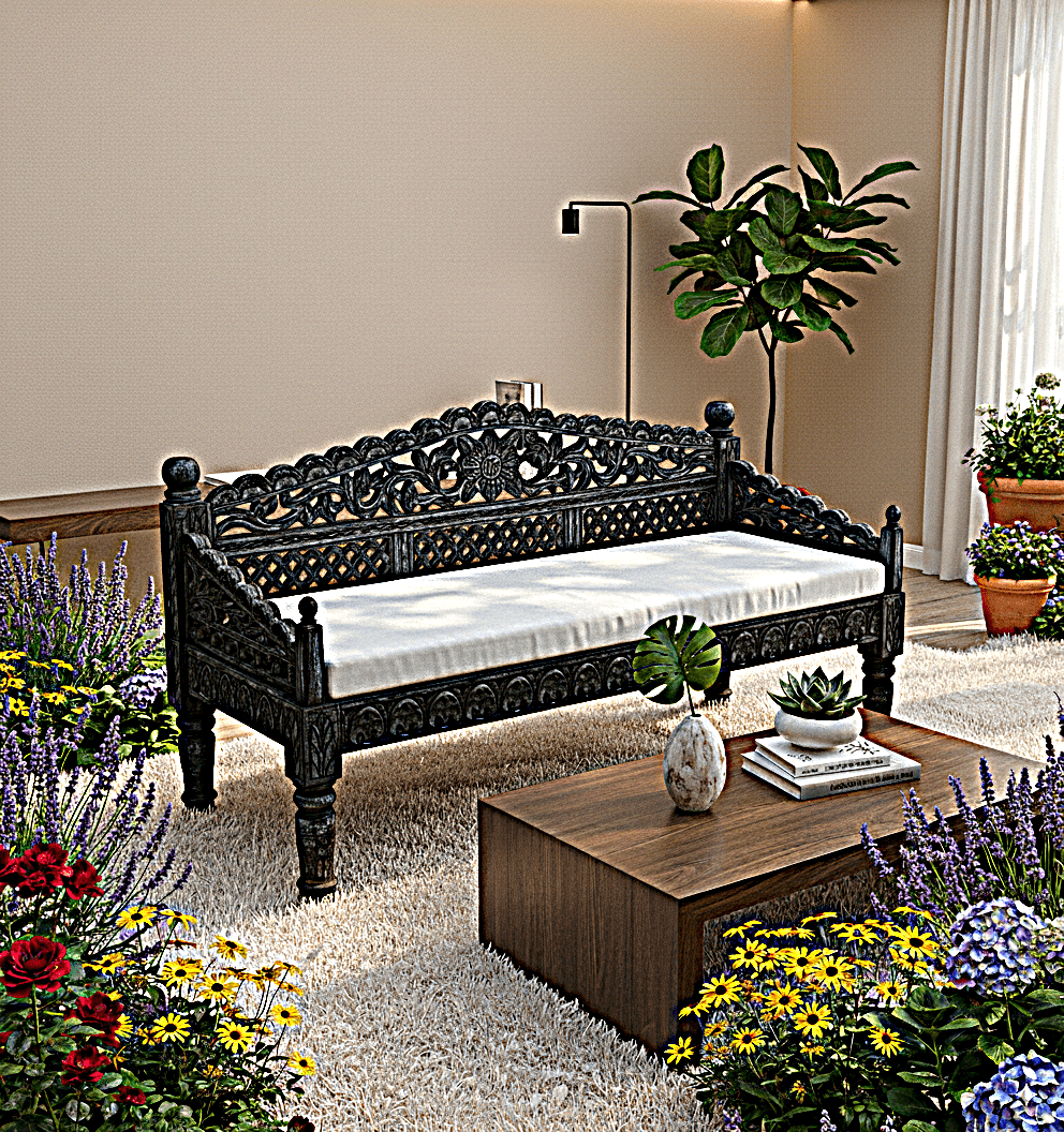 Silaw Hand Carved solid wooden indoor / Outdoor Daybed - HF Commercial Furniture