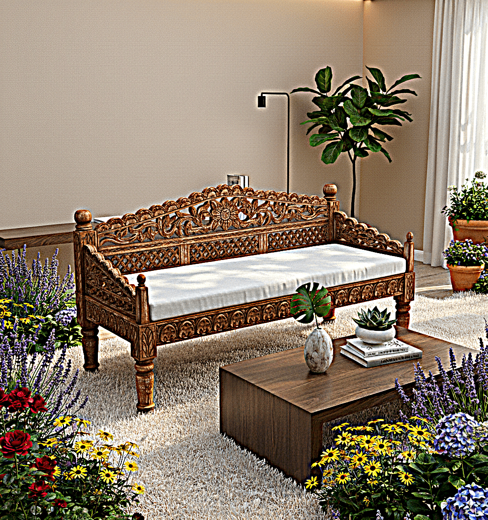 Silaw Hand Carved solid wooden indoor / Outdoor Daybed by R-Designs Furniture – handcrafted solid wood furniture made in India