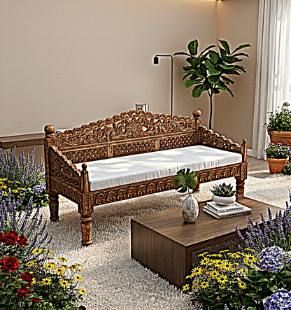 Silaw Hand Carved solid wooden indoor / Outdoor Daybed by R-Designs Furniture – handcrafted solid wood furniture made in India