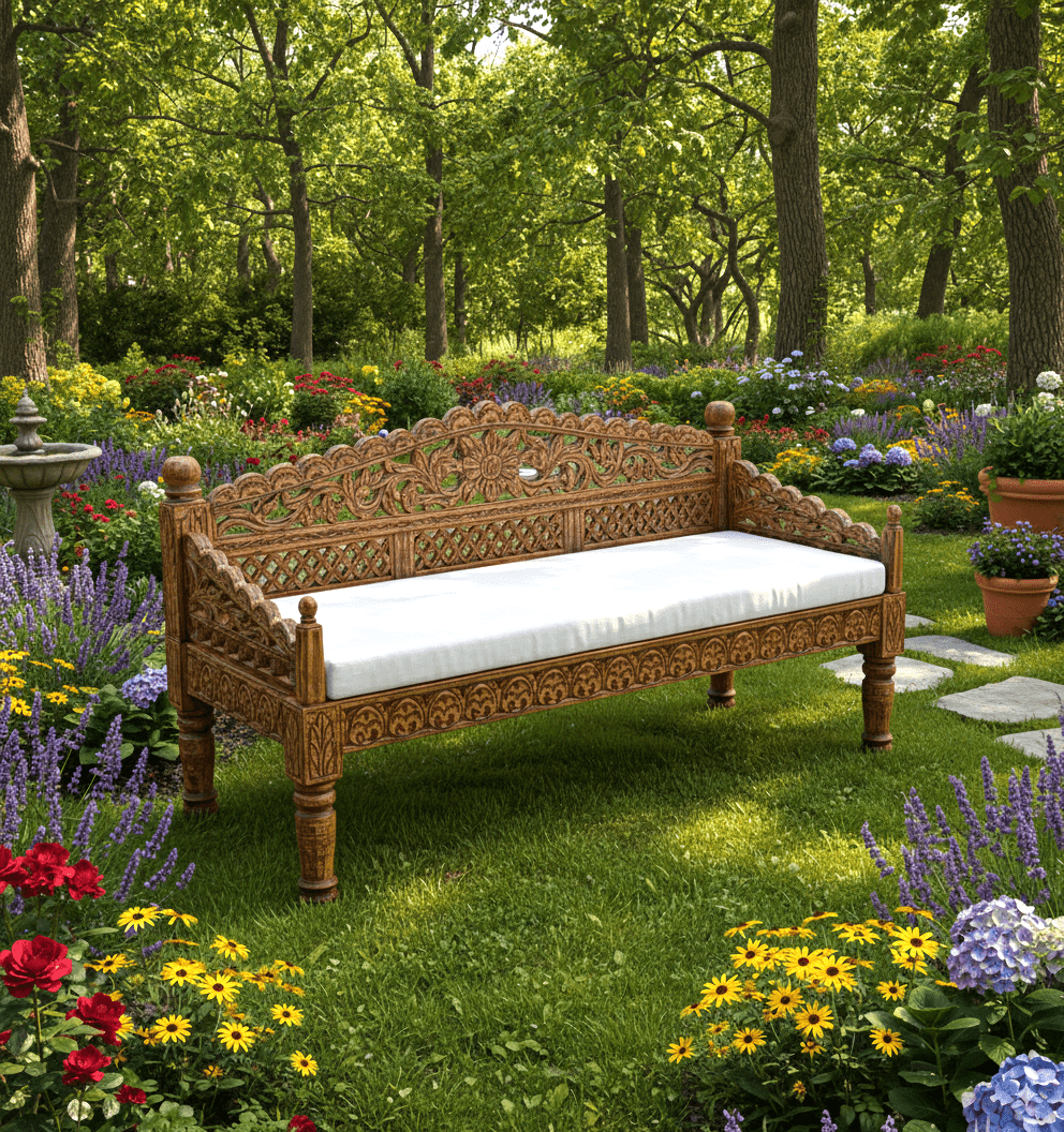 Silaw Hand Carved solid wooden indoor / Outdoor Daybed by R-Designs Furniture – handcrafted solid wood furniture made in India