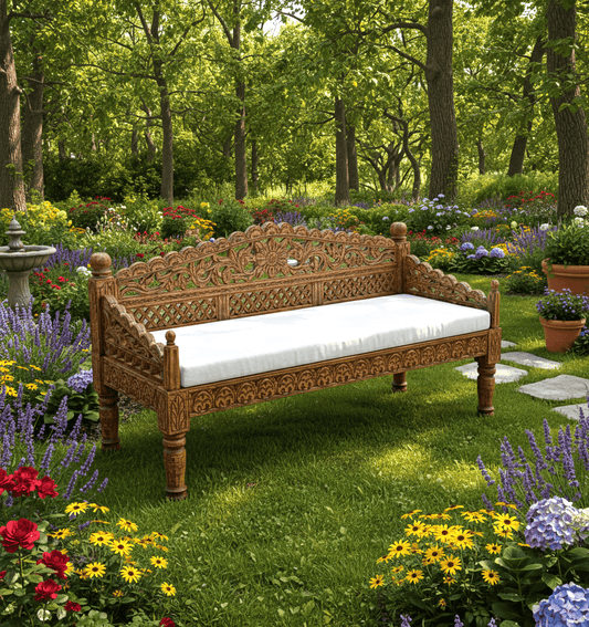 Silaw Hand Carved solid wooden indoor / Outdoor Daybed by R-Designs Furniture – handcrafted solid wood furniture made in India