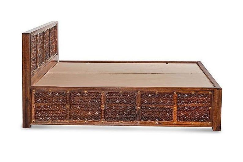 Solid Wood Brass Panache Bed with Storage and Embossed Antique Brass Work – handcrafted solid wood furniture