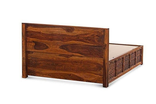 Solid Wood Brass Panache Bed with Storage and Embossed Antique Brass Work – handcrafted solid wood furniture