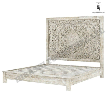 Sunflower Design Hand Carved Solid Wooden Bed Frame – handcrafted solid wood furniture