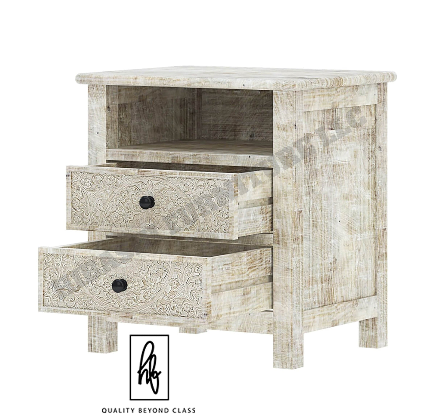 Sunflower Hand carved Solid Wood White Nightstand With Drawer – handcrafted solid wood furniture