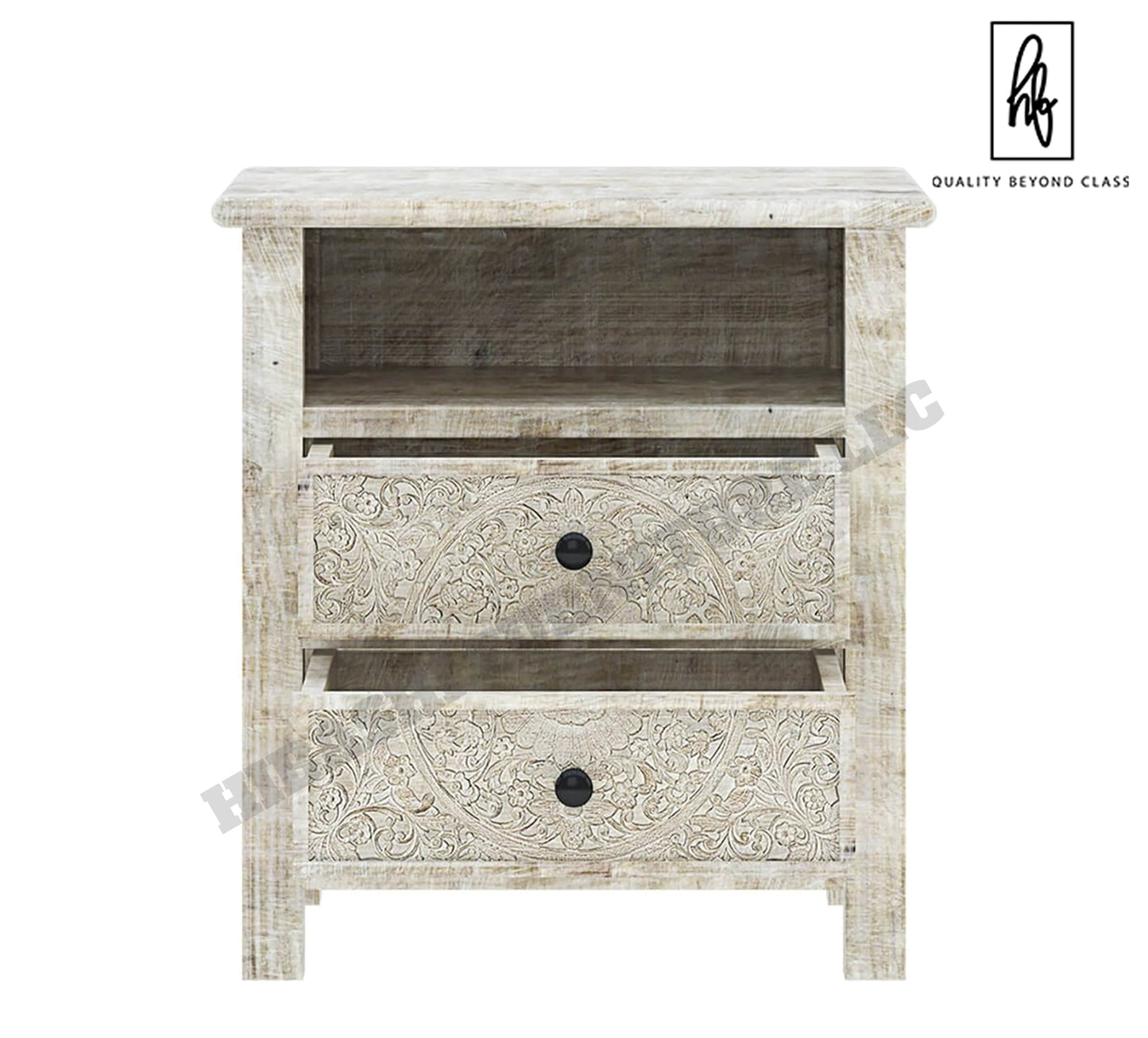 Sunflower Hand carved Solid Wood White Nightstand With Drawer – handcrafted solid wood furniture