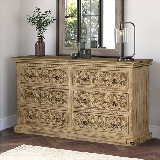 SUTE Hand Carved Six Drawers Solid Mango Wood Dresser – handcrafted solid wood furniture