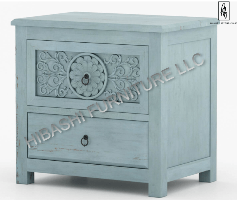 Tallaq Hand Carved Solid Mango Wood Bedside Table – handcrafted solid wood furniture