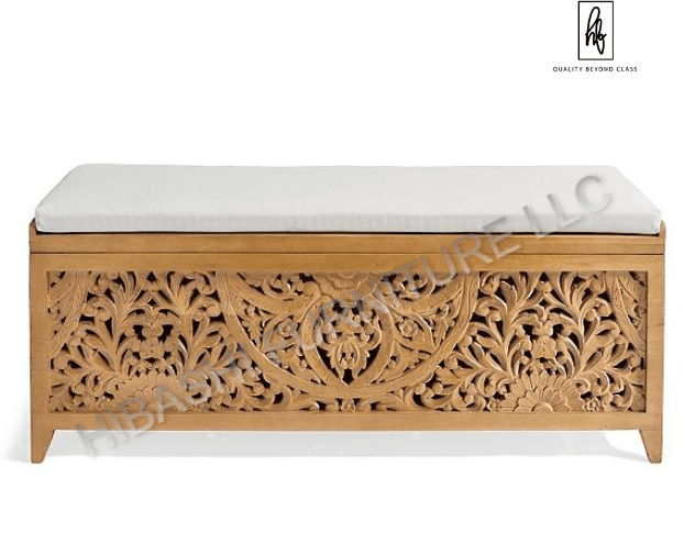 TARLAC Hand carved Storage Bench – handcrafted solid wood furniture