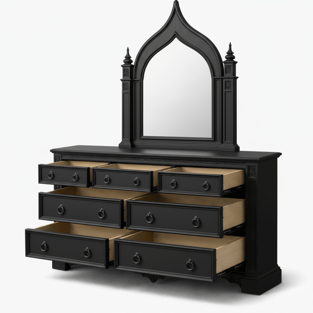 Vaulted Crown Gothic Hand - Carved Solid Wood Platform Bed / Bedroom Collection – handcrafted solid wood furniture