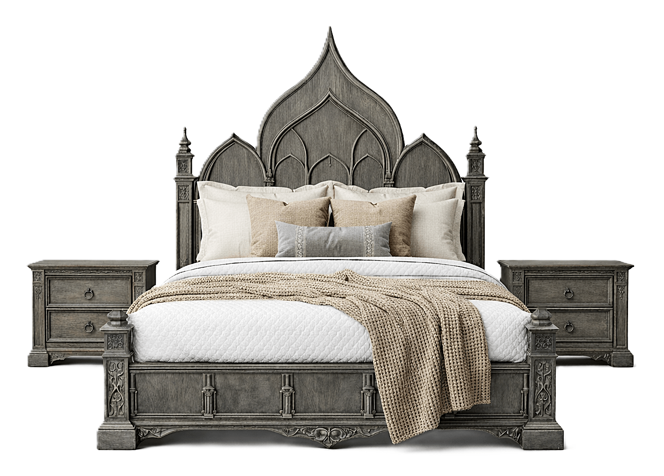 Vaulted Crown Gothic Hand - Carved Solid Wood Platform Bed / Bedroom Collection – handcrafted solid wood furniture