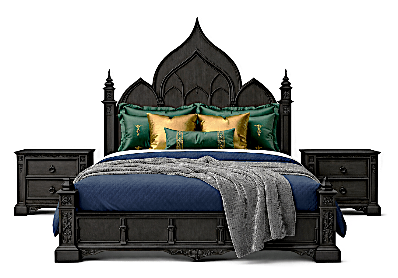 Vaulted Crown Gothic Hand - Carved Solid Wood Platform Bed / Bedroom Collection – handcrafted solid wood furniture