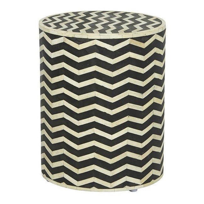 Zigzag Bone Inlay Round Drum Side and End Table - Size L – handcrafted solid wood furniture