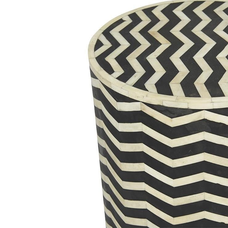 Zigzag Bone Inlay Round Drum Side and End Table - Size L – handcrafted solid wood furniture