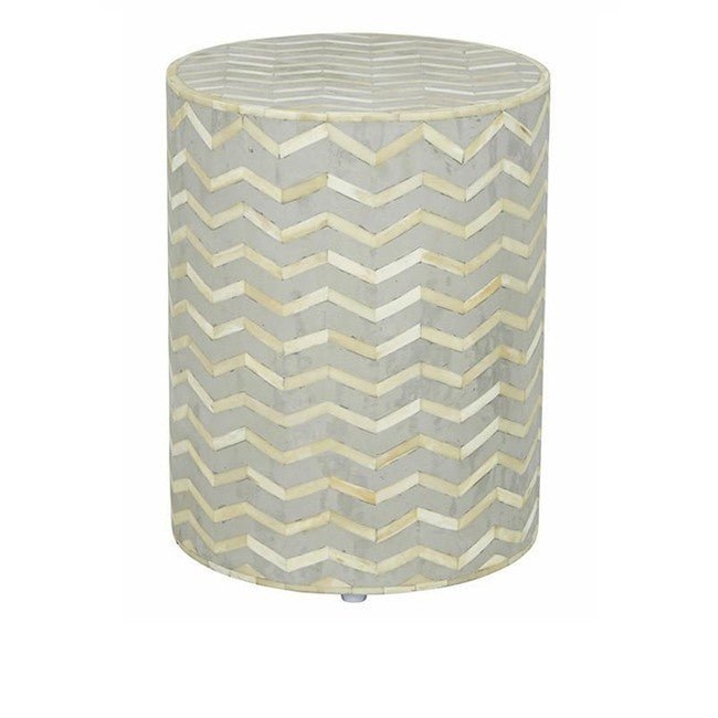 Zigzag Bone Inlay Round Drum Side and End Table - Size L – handcrafted solid wood furniture