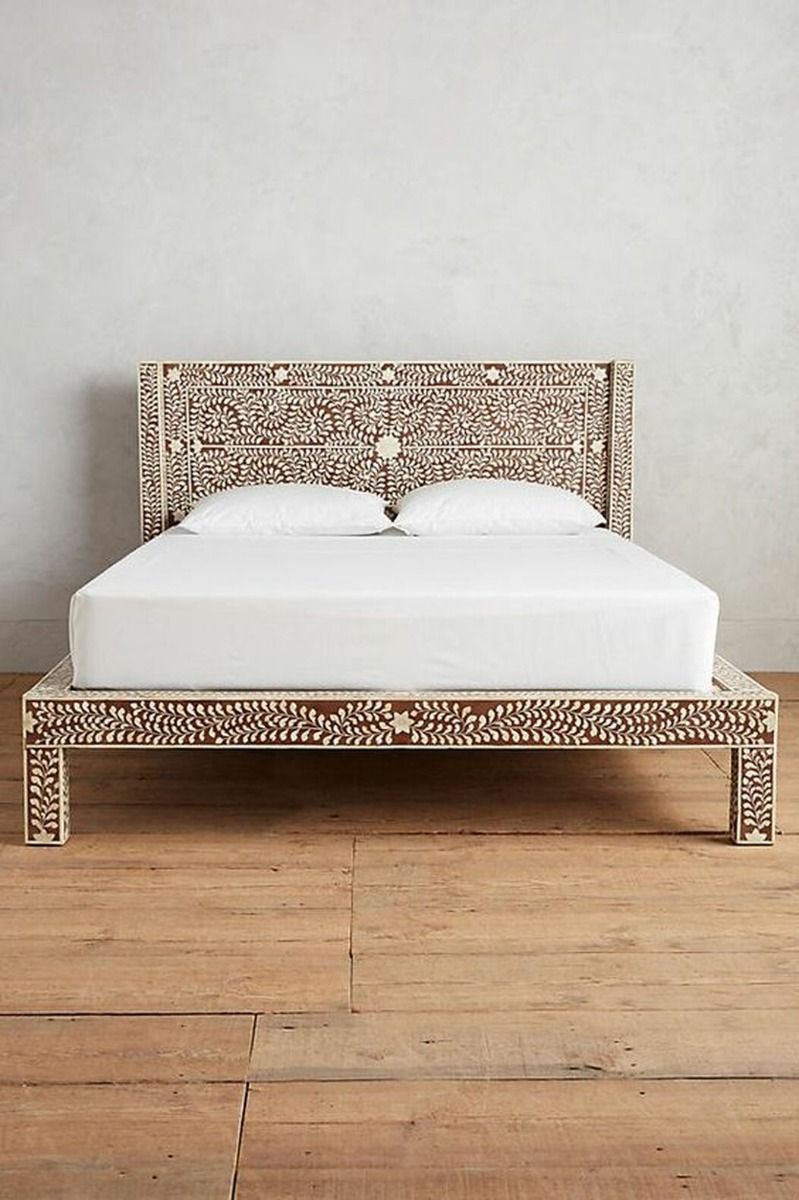 Zinj Bone Inlay Bed Frame in Brown Queen/King – handcrafted solid wood furniture