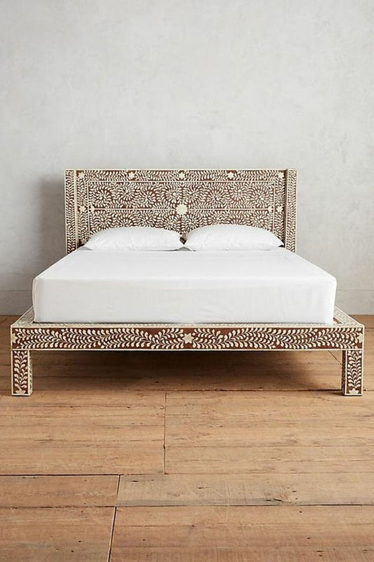 Zinj Bone Inlay Bed Frame in Brown Queen/King – handcrafted solid wood furniture